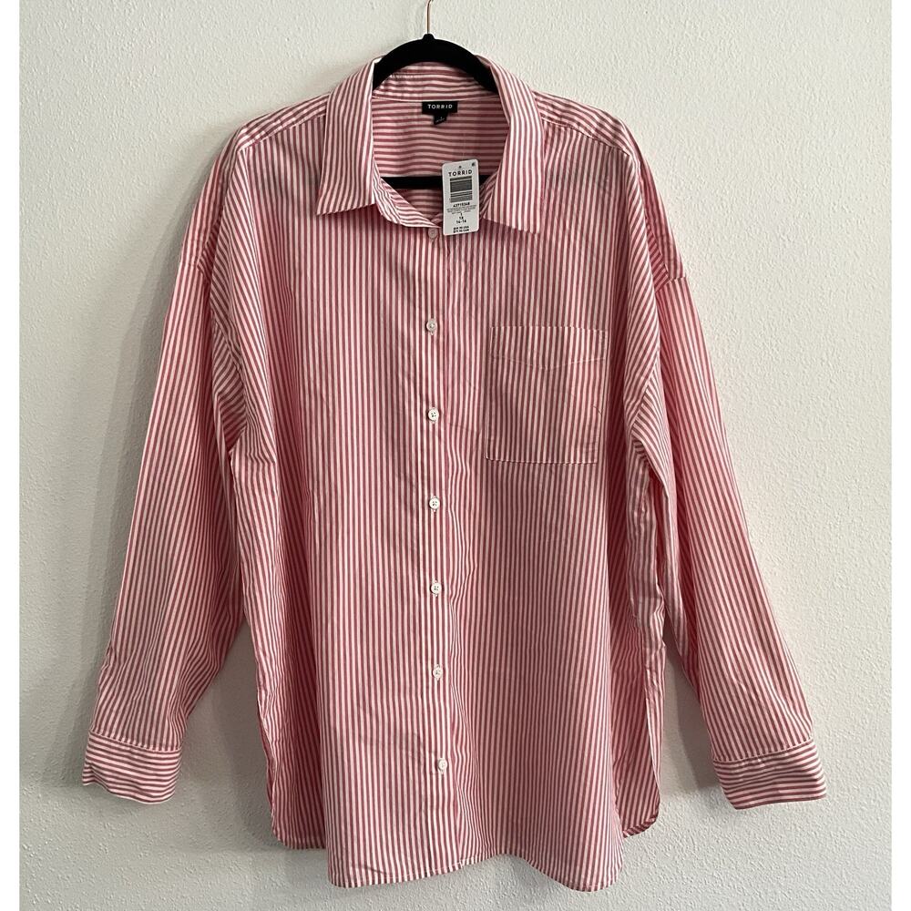 Torrid 1X Pink White Striped 100% Cotton Relaxed Fit Button-Up Shirt Long Sleeve